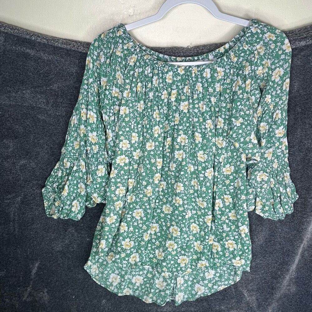 Sundance Women’s Floral Print Blouse Top 3/4 Balloon Sleeve Hi Low Hem Green siz